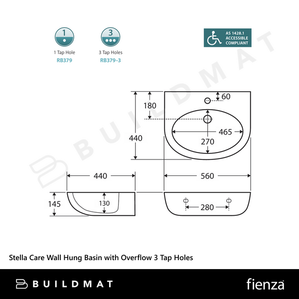 Fienza Stella Care Wall Hung Basin with Overflow 3 Tap Holes Gloss White
