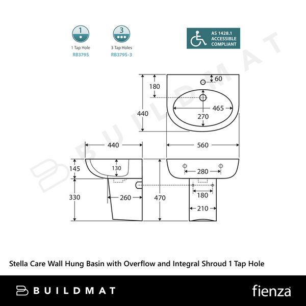 Fienza Stella Care Wall Hung Basin with Overflow and Integral Shroud 1 Tap Hole Gloss White