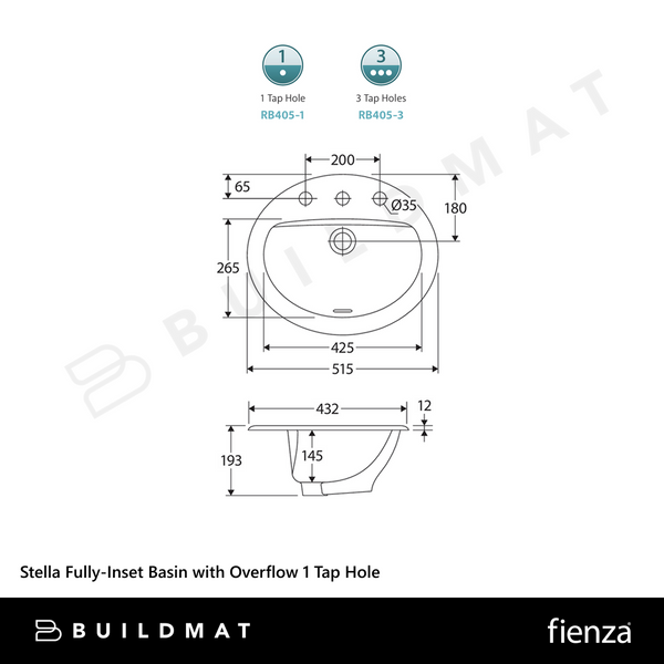 Fienza Stella Fully-Inset Basin with Overflow 1 Tap Hole Gloss White