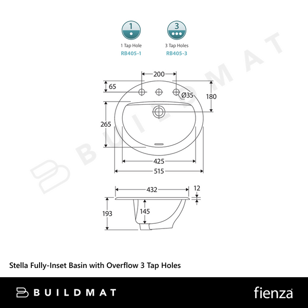 Fienza Stella Fully-Inset Basin with Overflow 3 Tap Holes Gloss White