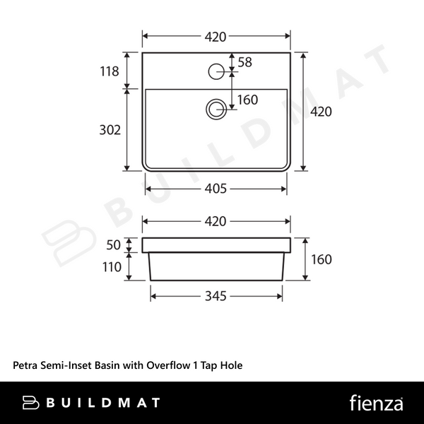 Fienza Petra Semi-Inset Basin with Overflow 1 Tap Hole Gloss White