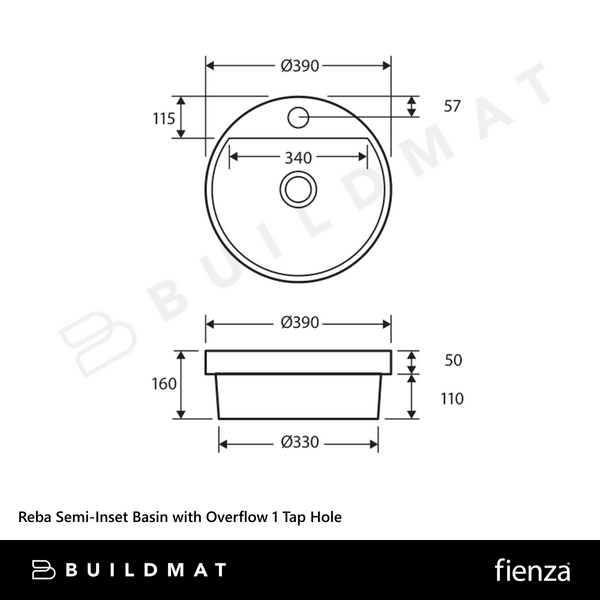 Fienza Reba Semi-Inset Basin with Overflow 1 Tap Hole Gloss White