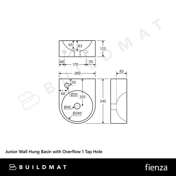 Fienza Junior Wall Hung Basin with Overflow 1 Tap Hole Gloss White