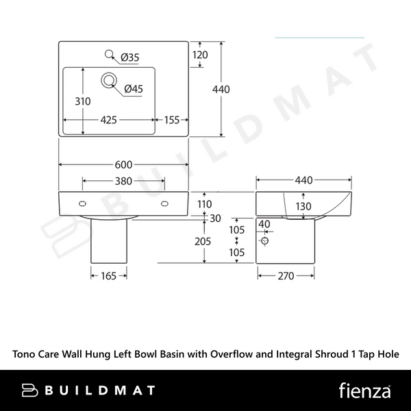 Fienza Tono Care Wall Hung Left Bowl Basin with Overflow and Integral Shroud 1 Tap Hole Gloss White
