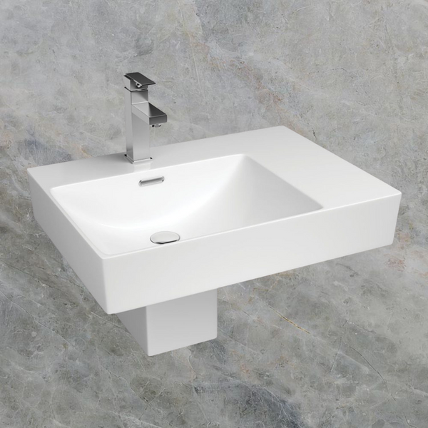 Fienza Tono Care Wall Hung Left Bowl Basin with Overflow and Integral Shroud 1 Tap Hole Gloss White