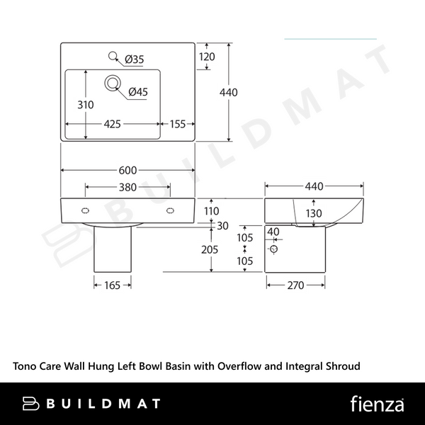 Fienza Tono Care Wall Hung Left Bowl Basin with Overflow and Integral Shroud Gloss White