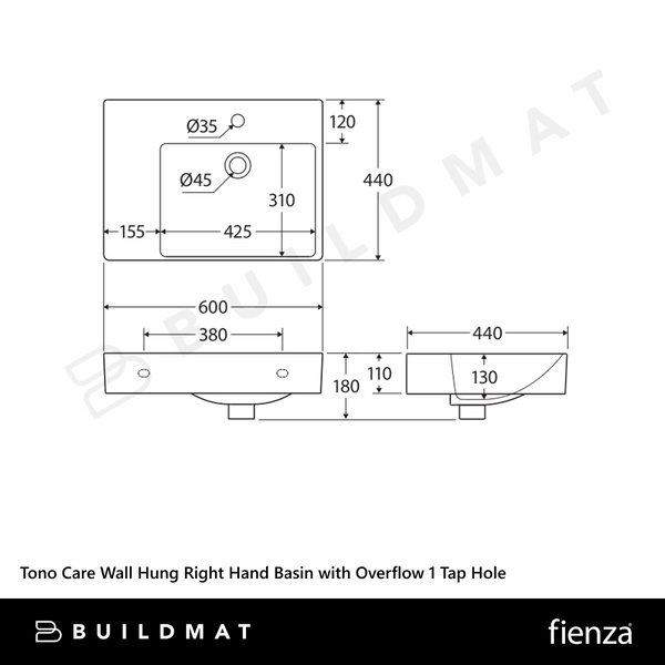 Fienza Tono Care Wall Hung Right Hand Basin with Overflow 1 Tap Hole Gloss White