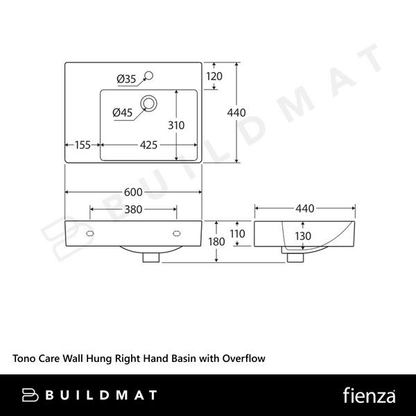 Fienza Tono Care Wall Hung Right Hand Basin with Overflow Gloss White