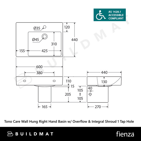 Fienza Tono Care Wall Hung Right Hand Basin with Overflow and Integral Shroud 1 Tap Hole Gloss White