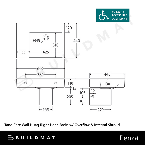 Fienza Tono Care Wall Hung Right Hand Basin with Overflow and Integral Shroud Gloss White