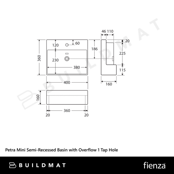 Fienza Petra Mini Semi-Recessed Basin with Overflow 1 Tap Hole Gloss White