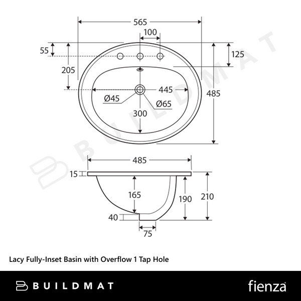 Fienza Lacy Fully-Inset Basin with Overflow 1 Tap Hole Gloss White