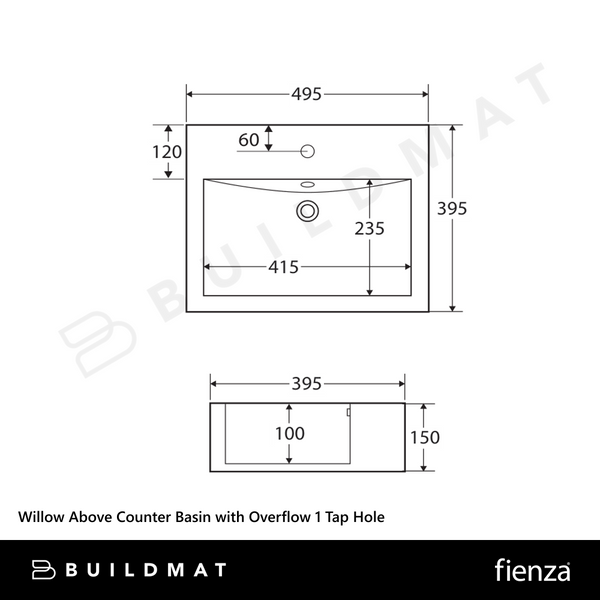 Fienza Willow Above Counter Basin with Overflow 1 Tap Hole Gloss White