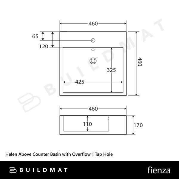 Fienza Helen Above Counter Basin with Overflow 1 Tap Hole Gloss White