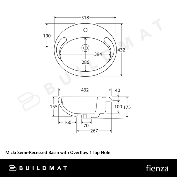 Fienza Micki Semi-Recessed Basin with Overflow 1 Tap Hole Gloss White