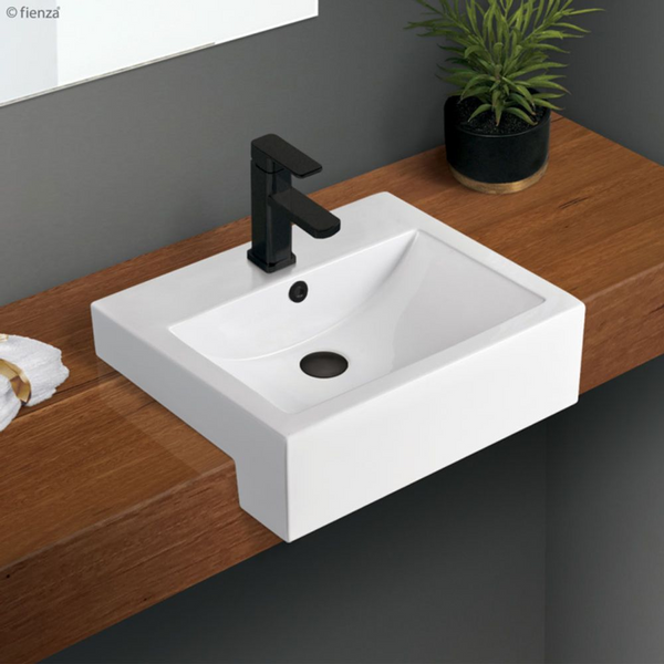 Fienza Belinda Semi-Recessed Basin with Overflow 1 Tap Hole Gloss White