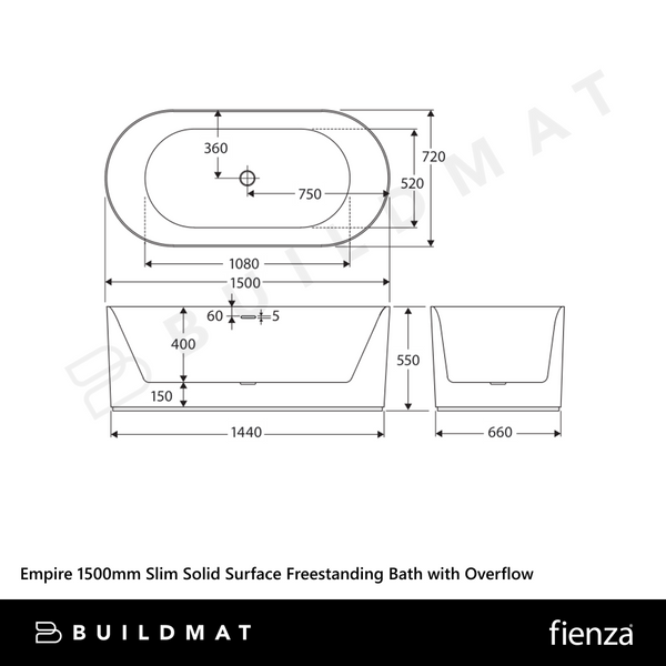 Fienza Empire 1500mm Slim Solid Surface Freestanding Bath with Overflow Matte White
