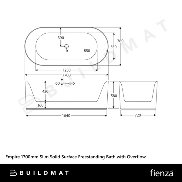 Fienza Empire 1700mm Slim Solid Surface Freestanding Bath with Overflow Matte Khaki