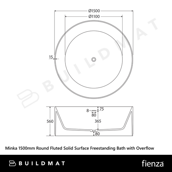 Fienza Minka 1500mm Round Fluted Solid Surface Freestanding Bath with Overflow Forest