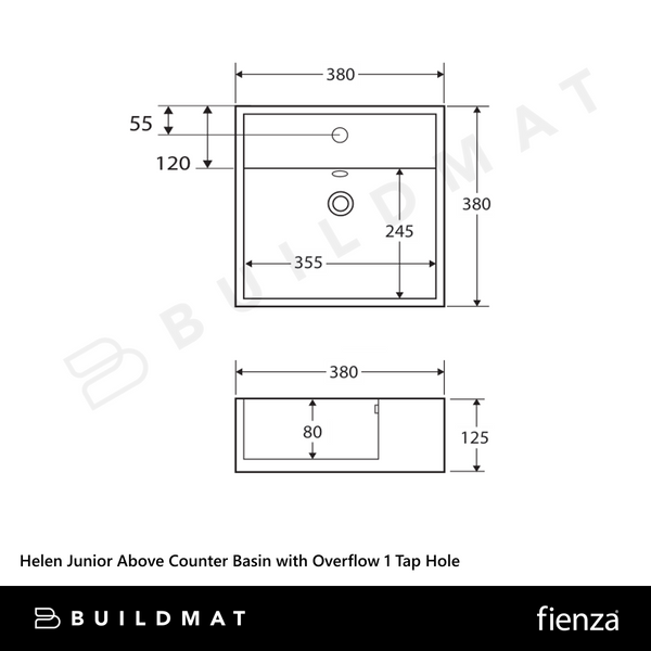 Fienza Helen Junior Above Counter Basin with Overflow 1 Tap Hole Gloss White