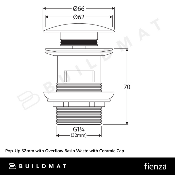 Fienza Pop-Up 32mm with Overflow Basin Waste with Ceramic Cap Matte Khaki