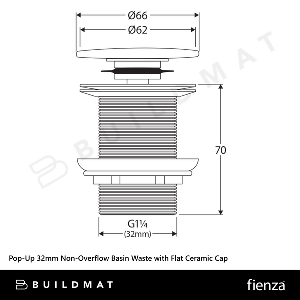 Fienza Pop-Up 32mm Non-Overflow Basin Waste with Flat Ceramic Cap Gloss White