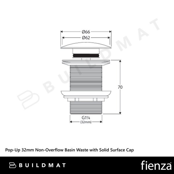 Fienza Pop Up 32mm Solid Surface Cap Basin Waste Non-Overflow Matte Black