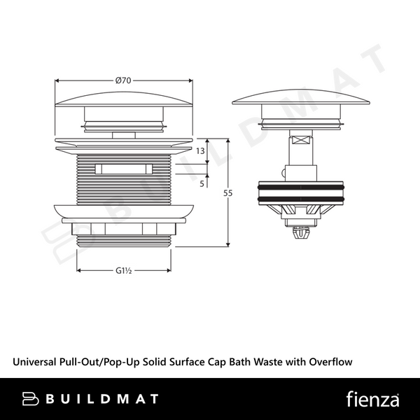 Fienza Universal Pull-Out/Pop-Up Solid Surface Cap Bath Waste with Overflow Dusk