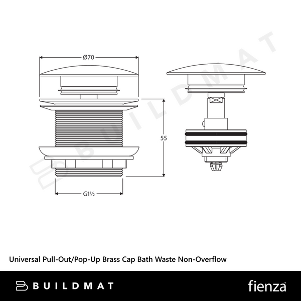 Fienza Universal Pull-Out/Pop-Up Brass Cap Bath Waste Non-Overflow Matte White
