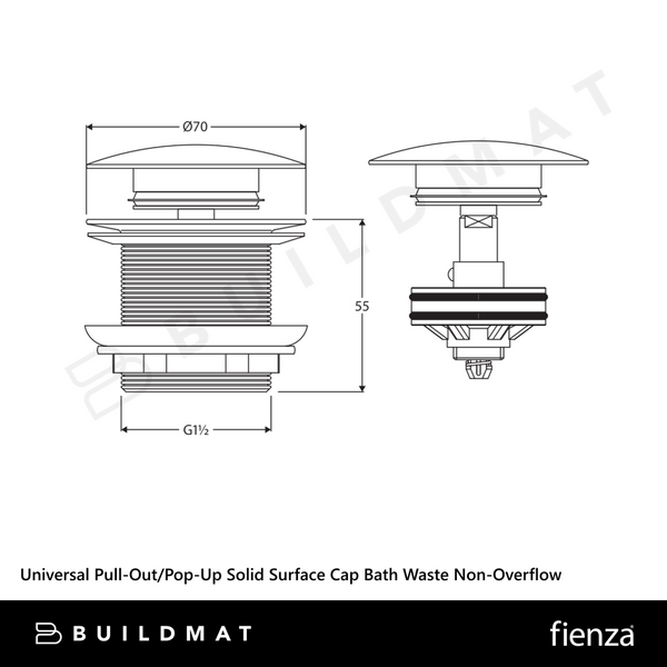 Fienza Universal Pull-Out/Pop-Up Solid Surface Cap Bath Waste Non-Overflow Matte White