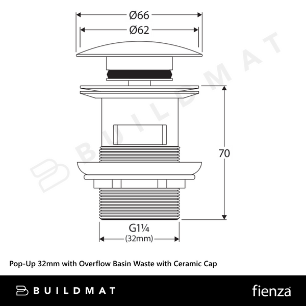 Fienza Pop-Up 32mm with Overflow Basin Waste with Ceramic Cap Gloss White