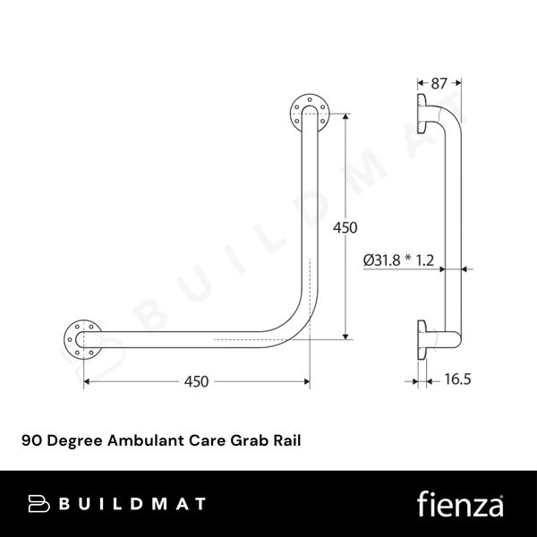 Fienza 90 Degree Ambulant Care Grab Rail Stainless Steel