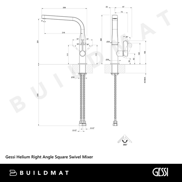 Gessi Helium Right Angle Square Swivel Mixer Matte Black