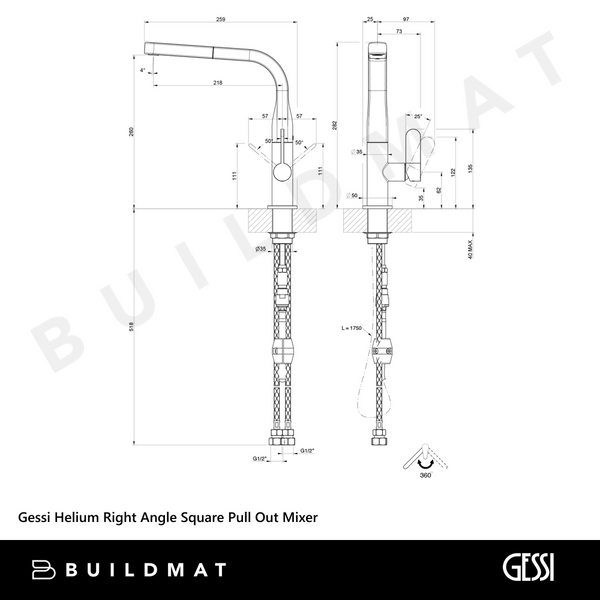 Gessi Helium Right Angle Square Pull Out Mixer Matte Black