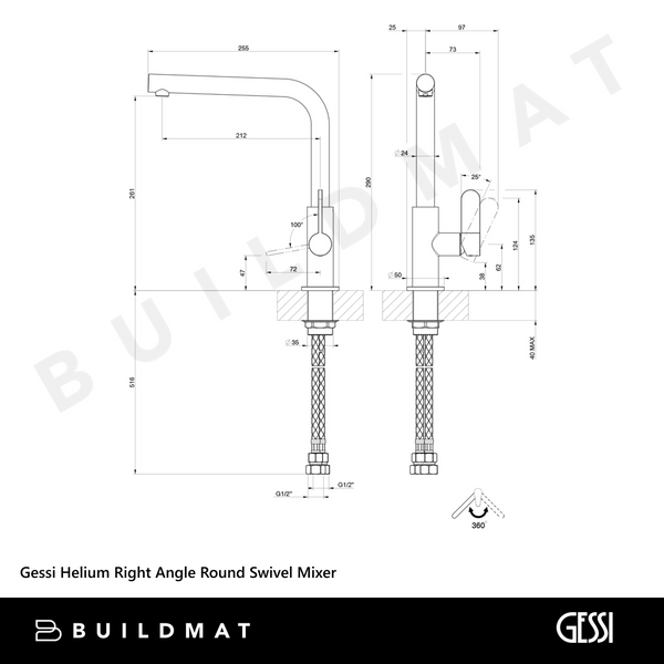Gessi Helium Right Angle Round Swivel Mixer Chrome