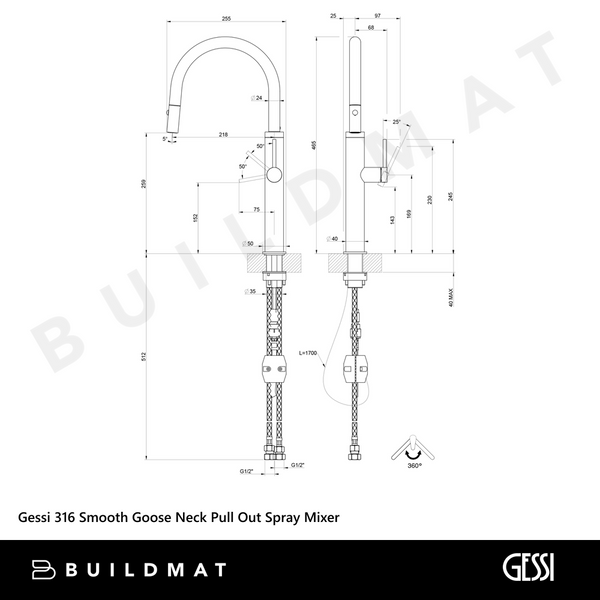 Gessi 316 Smooth Goose Neck Pull Out Spray Mixer Brushed Black