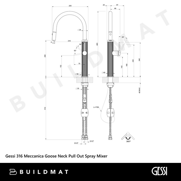 Gessi 316 Meccanica Goose Neck Pull Out Spray Mixer Brushed Brass