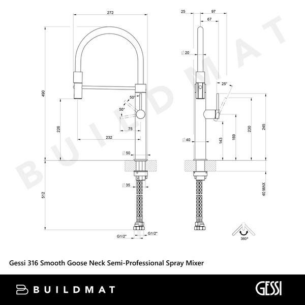 Gessi 316 Smooth Goose Neck Semi-Professional Spray Mixer Brushed Copper