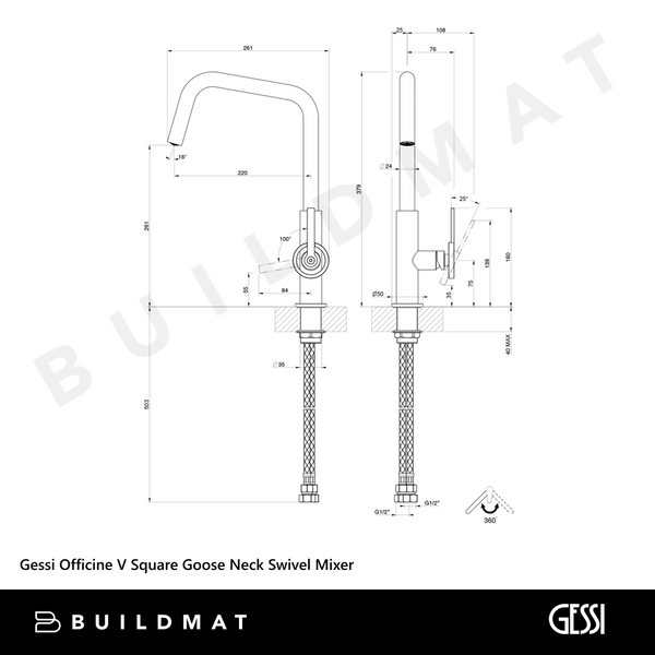 Gessi Officine V Square Goose Neck Swivel Mixer Chrome