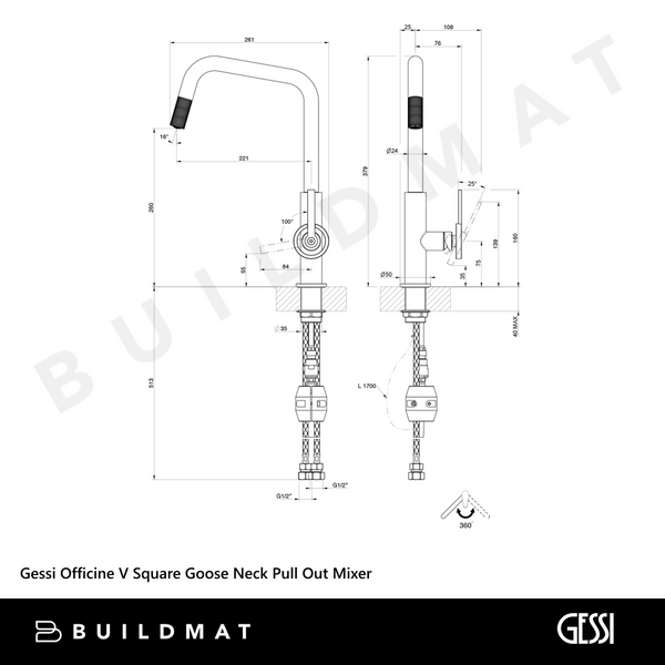 Gessi Officine V Square Goose Neck Pull Out Mixer Chrome