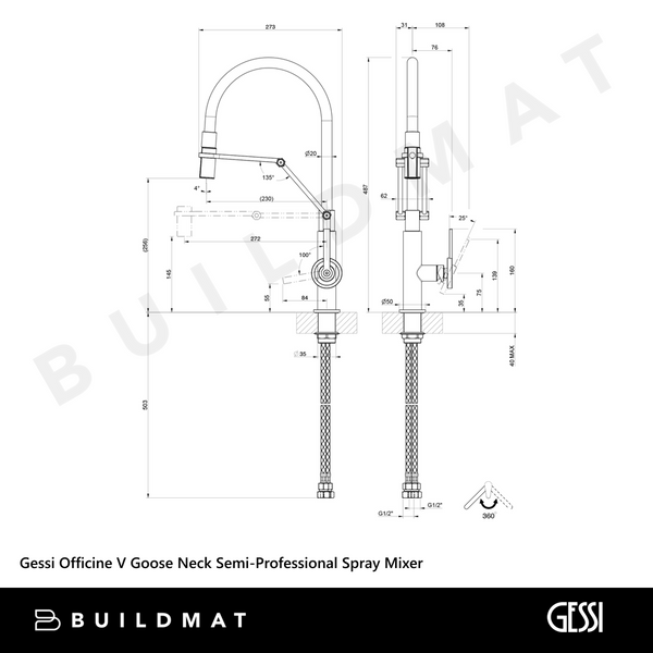 Gessi Officine V Goose Neck Semi-Professional Spray Mixer Matte Black