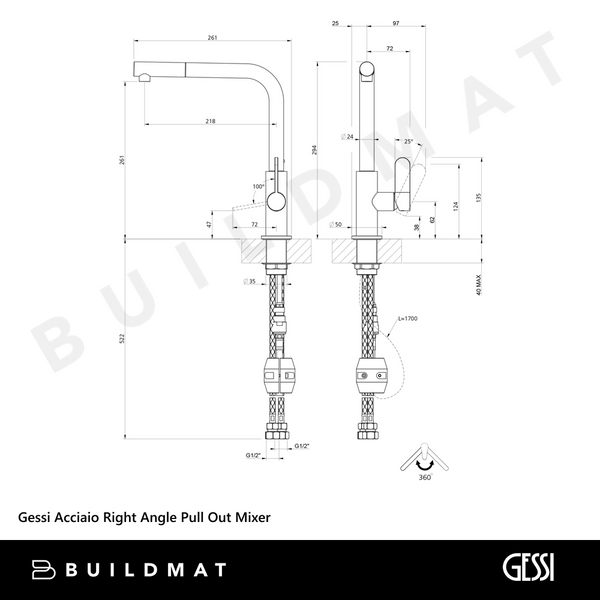Gessi Acciaio Right Angle Pull Out Mixer Stainless Steel