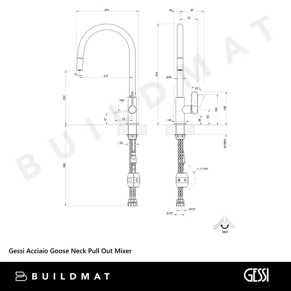 Gessi Acciaio Goose Neck Pull Out Mixer Stainless Steel