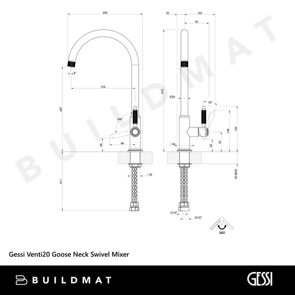 Gessi Venti20 Goose Neck Swivel Mixer Chrome