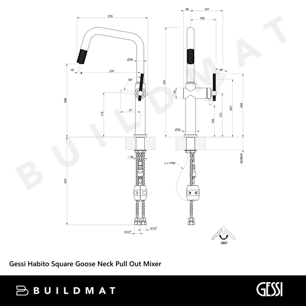 Gessi Habito Square Goose Neck Pull Out Mixer Brushed Copper