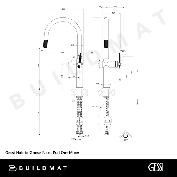 Gessi Habito Goose Neck Pull Out Mixer Brushed Black