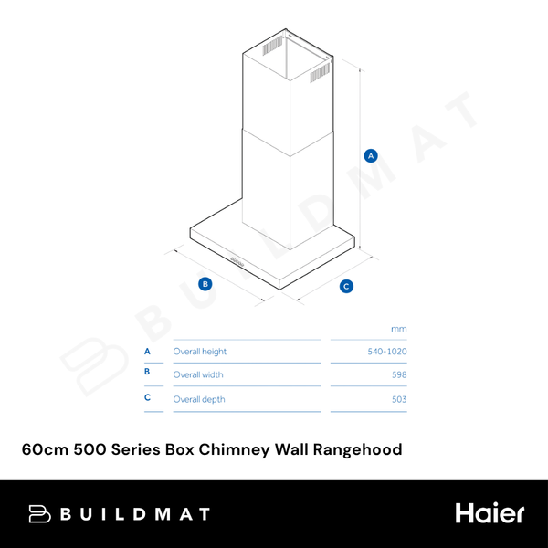 Haier 60cm 500 Series Box Chimney Wall Rangehood Black