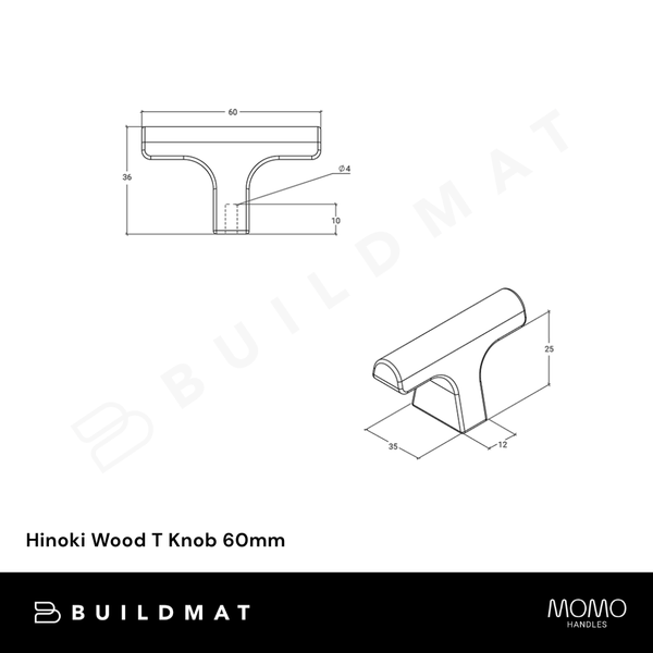 Momo Handles Hinoki Wood T Knob 60mm Oak