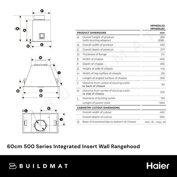 Haier 60cm 500 Series Integrated Insert Wall Rangehood Black