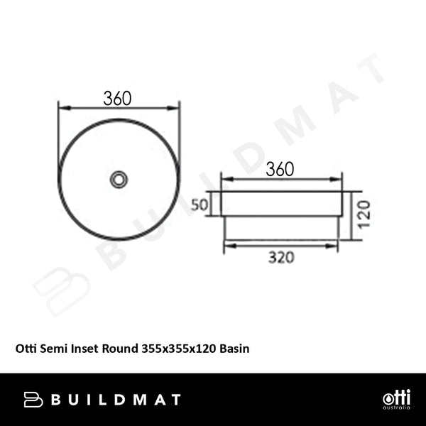 Otti Semi Inset Round 355x355x120 Basin Gloss White